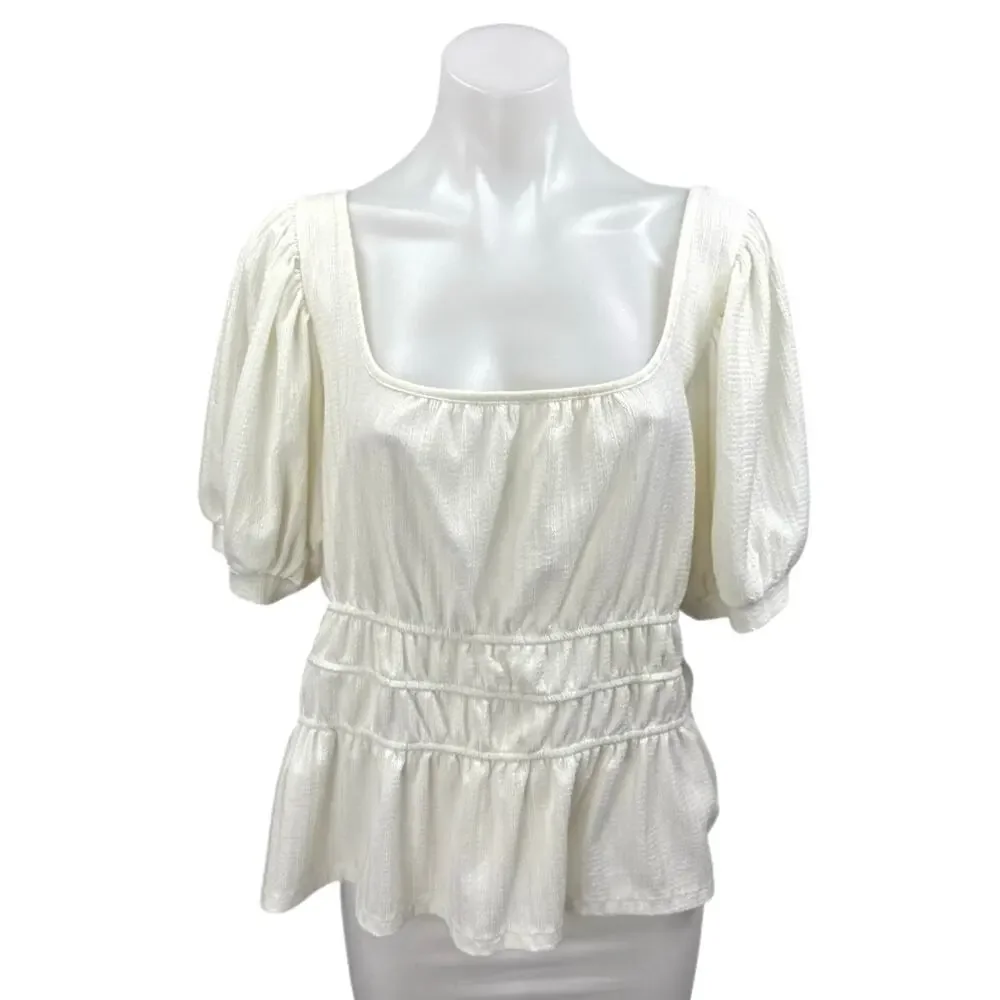 Anthropologie Maeve White Short Puff Sleeve Scoop Neck Peplum Blouse Top Size XL